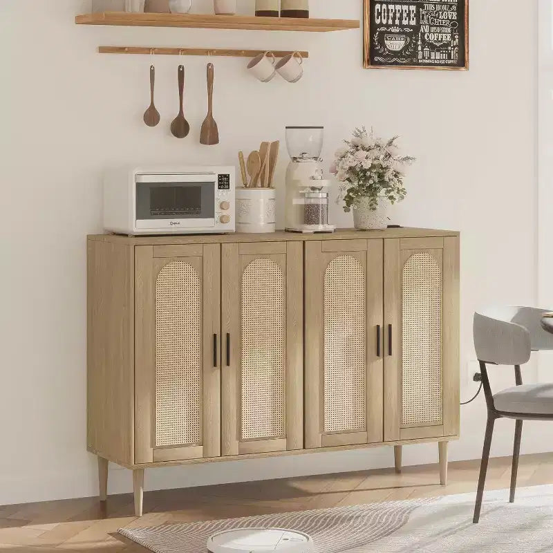 Mobile Contenitore in Rattan con Ricarica e Mobile Bar Caffè - Credenza Boho a 4 Ante (Ripiani Regolabili) Mobile Multifunzionale Boho per Ingresso/Sala da Pranzo