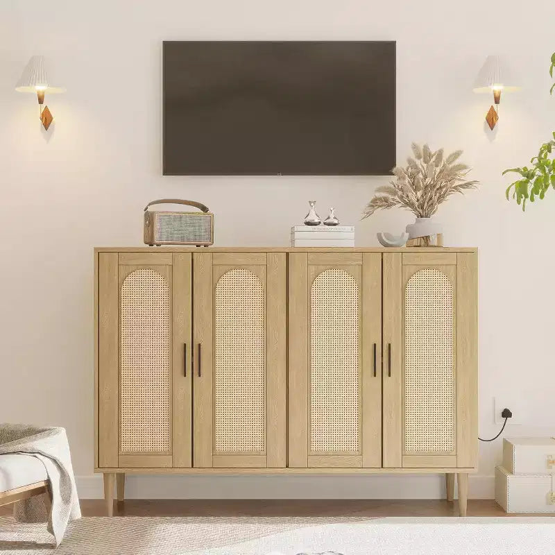 Mobile Contenitore in Rattan con Ricarica e Mobile Bar Caffè - Credenza Boho a 4 Ante (Ripiani Regolabili) Mobile Multifunzionale Boho per Ingresso/Sala da Pranzo