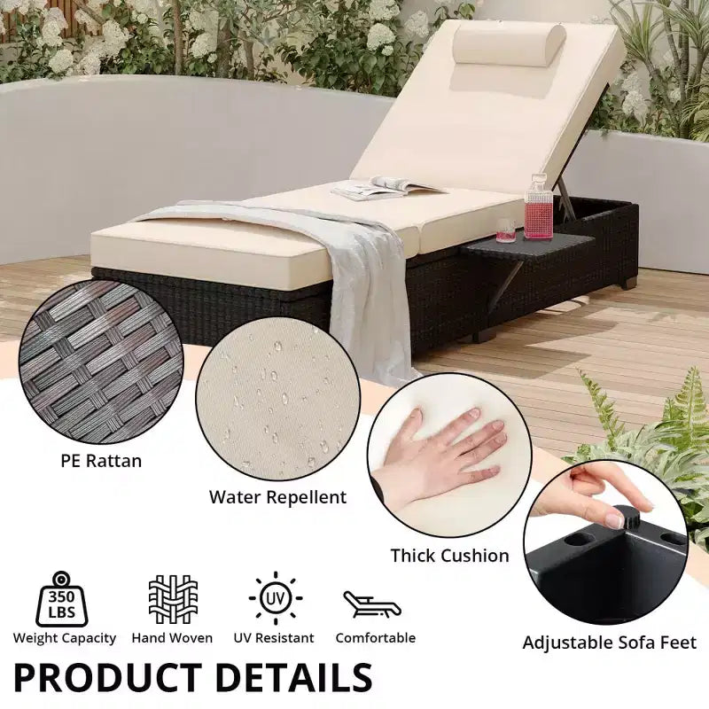 Sdraio da Esterno per Patio, Poltrona Sdraio Regolabile a 5 Posizioni in Rattan con Tavolino Laterale per Piscina, Terrazza