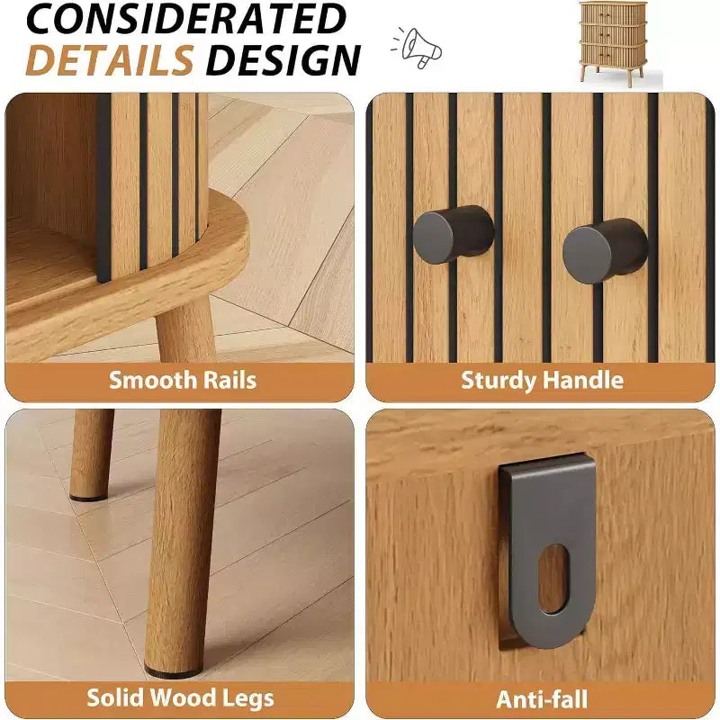 Cassettiera a 3 cassetti, comò per camera da letto, cassettiera spaziosa in vimini con maniglie nere opache e gambe in legno per armadio, corridoio, stile naturale