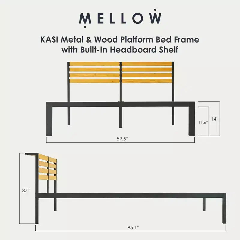 Mellow KASI Letto a piattaforma in metallo e legno con mensola e testiera incorporata