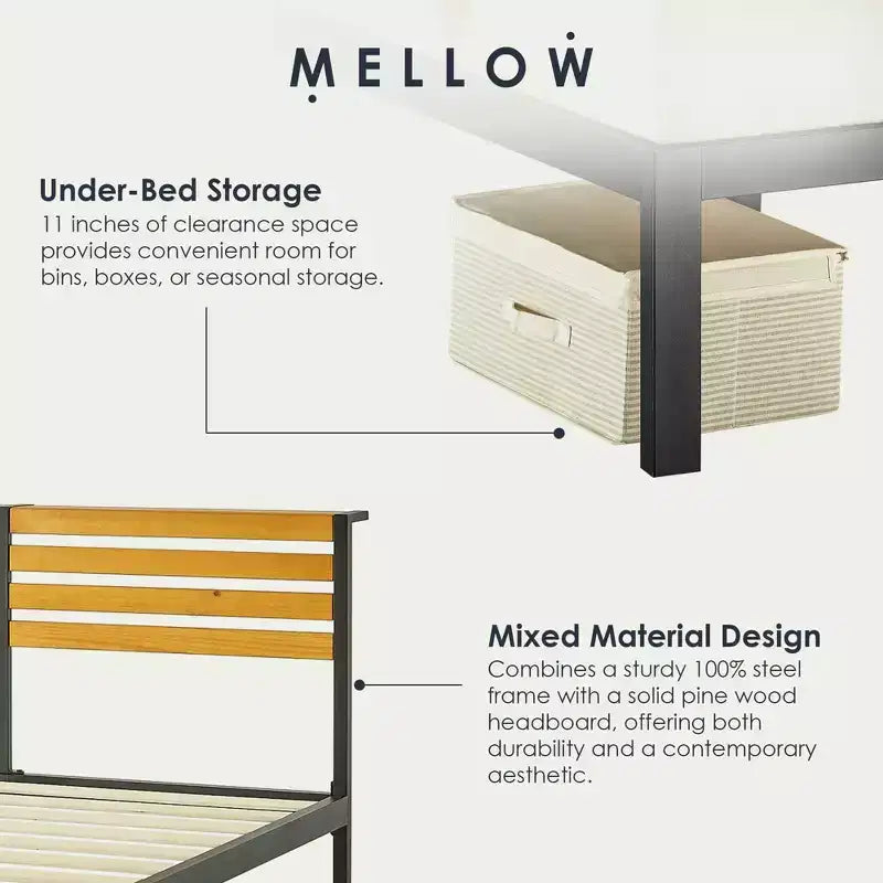 Mellow KASI Letto a piattaforma in metallo e legno con mensola e testiera incorporata
