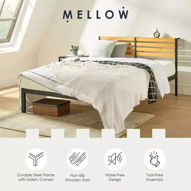 Mellow KASI Letto a piattaforma in metallo e legno con mensola e testiera incorporata