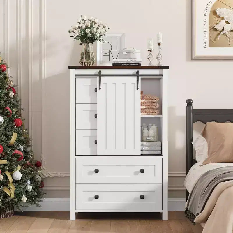 Comò da Fattoria a 5 Cassetti per Camera da Letto, Cassettiera Alta in Legno da 122 cm con Anta Scorrevole a Fienile, Organizer per Contenitori