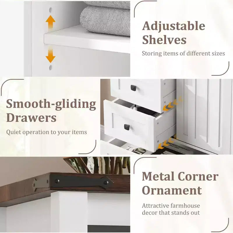Comò da Fattoria a 5 Cassetti per Camera da Letto, Cassettiera Alta in Legno da 122 cm con Anta Scorrevole a Fienile, Organizer per Contenitori