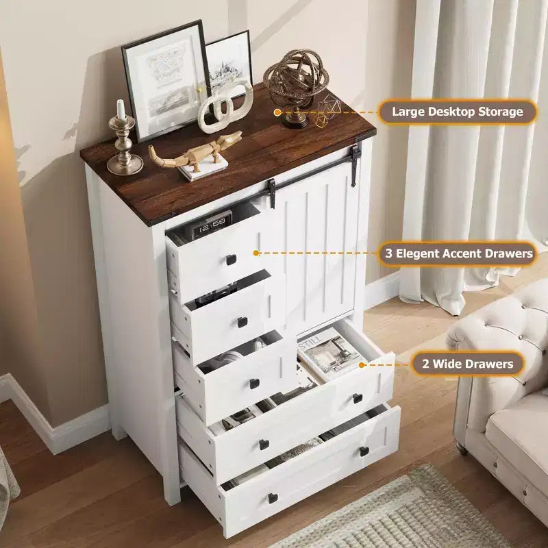 Comò da Fattoria a 5 Cassetti per Camera da Letto, Cassettiera Alta in Legno da 122 cm con Anta Scorrevole a Fienile, Organizer per Contenitori