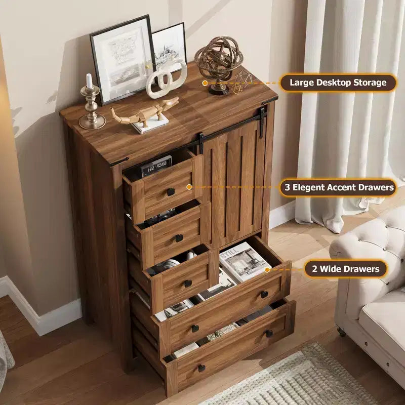 Comò da Fattoria a 5 Cassetti per Camera da Letto, Cassettiera Alta in Legno da 122 cm con Anta Scorrevole a Fienile, Organizer per Contenitori
