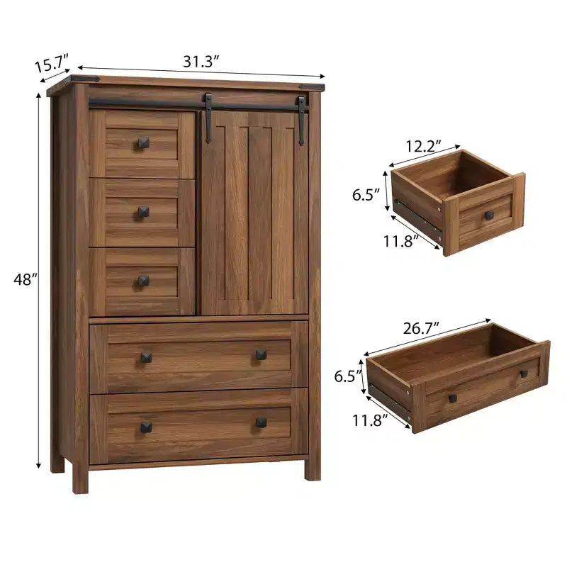 Comò da Fattoria a 5 Cassetti per Camera da Letto, Cassettiera Alta in Legno da 122 cm con Anta Scorrevole a Fienile, Organizer per Contenitori