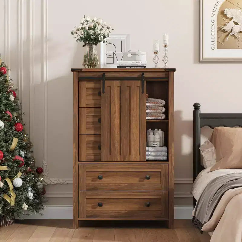 Comò da Fattoria a 5 Cassetti per Camera da Letto, Cassettiera Alta in Legno da 122 cm con Anta Scorrevole a Fienile, Organizer per Contenitori