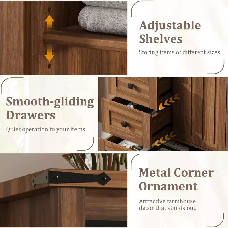Comò da Fattoria a 5 Cassetti per Camera da Letto, Cassettiera Alta in Legno da 122 cm con Anta Scorrevole a Fienile, Organizer per Contenitori