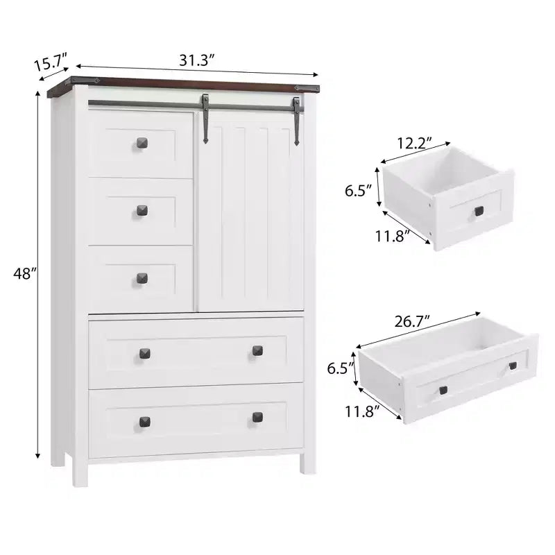Comò da Fattoria a 5 Cassetti per Camera da Letto, Cassettiera Alta in Legno da 122 cm con Anta Scorrevole a Fienile, Organizer per Contenitori