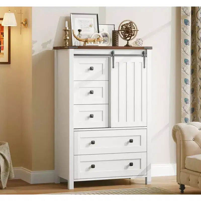 Comò da Fattoria a 5 Cassetti per Camera da Letto, Cassettiera Alta in Legno da 122 cm con Anta Scorrevole a Fienile, Organizer per Contenitori