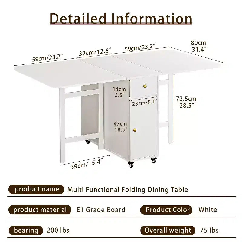 ATJafurn 59'' Tavolo Pieghevole Nessun Montaggio Richiesto, Tavolo da Pranzo Rettangolare in Legno Allungabile con Ruote e Ripiano