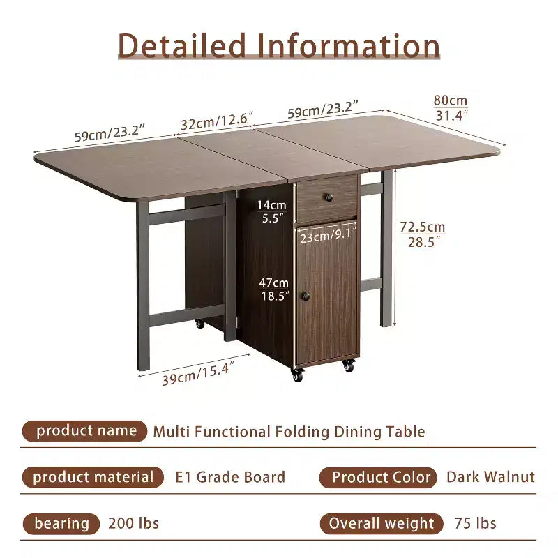ATJafurn 59'' Tavolo Pieghevole Nessun Montaggio Richiesto, Tavolo da Pranzo Rettangolare in Legno Allungabile con Ruote e Ripiano