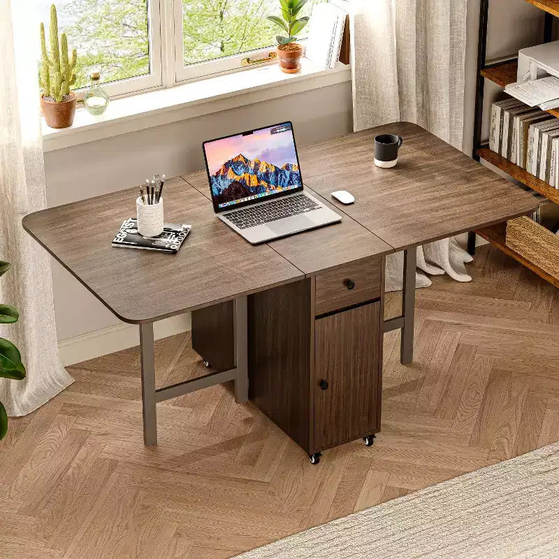 ATJafurn 59'' Tavolo Pieghevole Nessun Montaggio Richiesto, Tavolo da Pranzo Rettangolare in Legno Allungabile con Ruote e Ripiano
