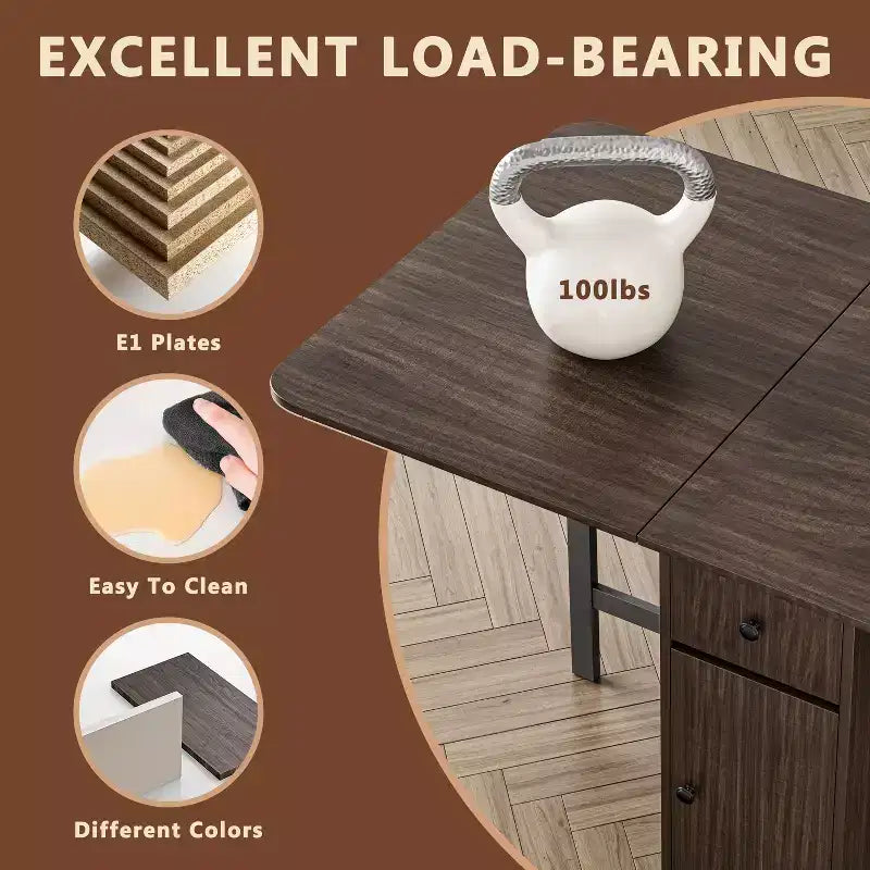 ATJafurn 59'' Tavolo Pieghevole Nessun Montaggio Richiesto, Tavolo da Pranzo Rettangolare in Legno Allungabile con Ruote e Ripiano
