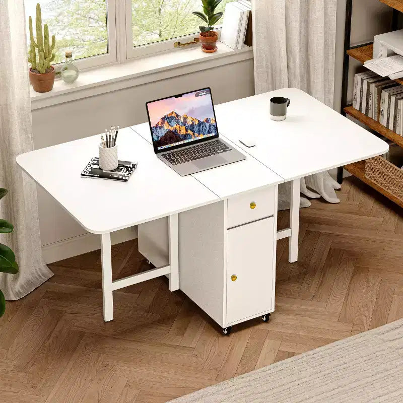 ATJafurn 59'' Tavolo Pieghevole Nessun Montaggio Richiesto, Tavolo da Pranzo Rettangolare in Legno Allungabile con Ruote e Ripiano