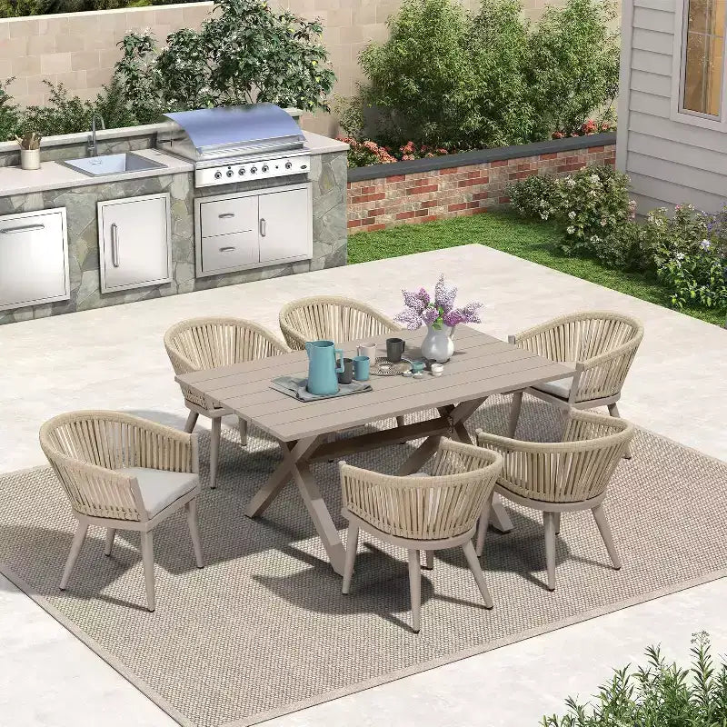 Set da pranzo per esterni PURPLE LEAF con tavolo da pranzo in alluminio per patio e sedie in vimini e rattan, mobili moderni con cuscini per il cortile