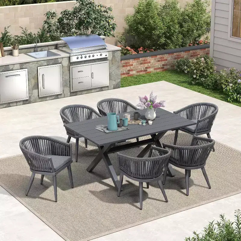 Set da pranzo per esterni PURPLE LEAF con tavolo da pranzo in alluminio per patio e sedie in vimini e rattan, mobili moderni con cuscini per il cortile
