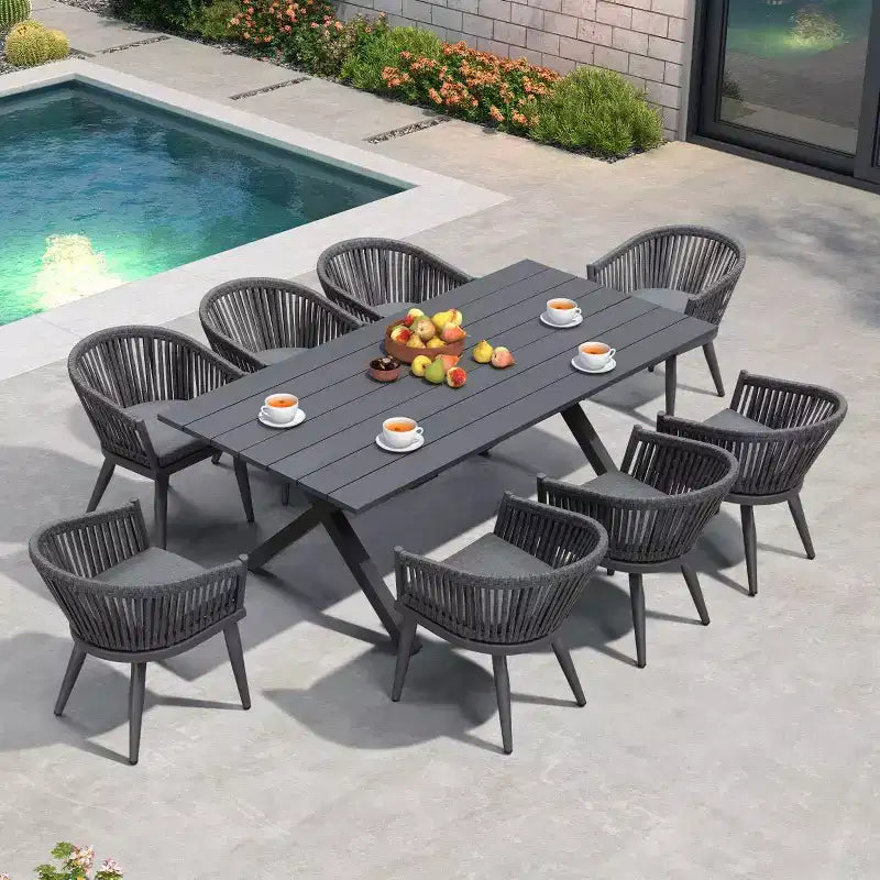 Set da pranzo per esterni PURPLE LEAF con tavolo da pranzo in alluminio per patio e sedie in vimini e rattan, mobili moderni con cuscini per il cortile