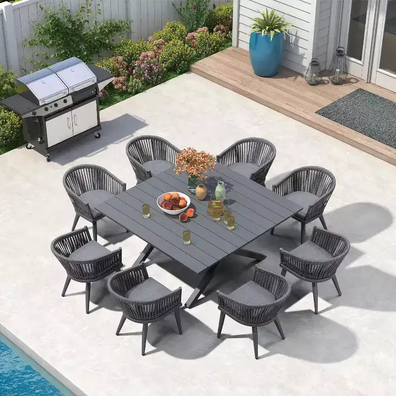 Set da pranzo per esterni PURPLE LEAF con tavolo da pranzo in alluminio per patio e sedie in vimini e rattan, mobili moderni con cuscini per il cortile