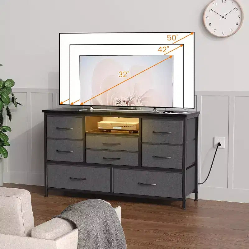 Mobile TV multifunzione da 47,4 pollici con 8 cassetti, striscia luminosa intelligente RGB, doppie prese di corrente, adatto a molteplici scenari