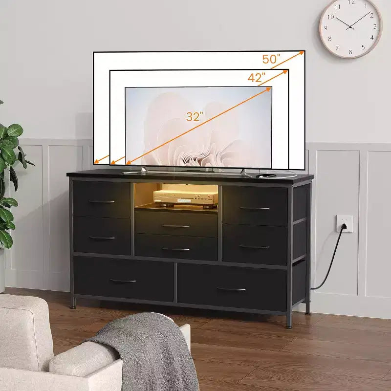 Mobile TV multifunzione da 47,4 pollici con 8 cassetti, striscia luminosa intelligente RGB, doppie prese di corrente, adatto a molteplici scenari