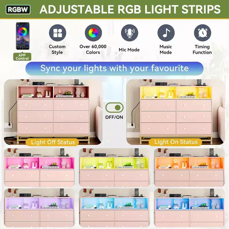 Cassettiera in legno a 6 cassetti con hub USB plug-in e luce LED, cassettiera con struttura in acciaio per soggiorno, camera da letto, ingresso