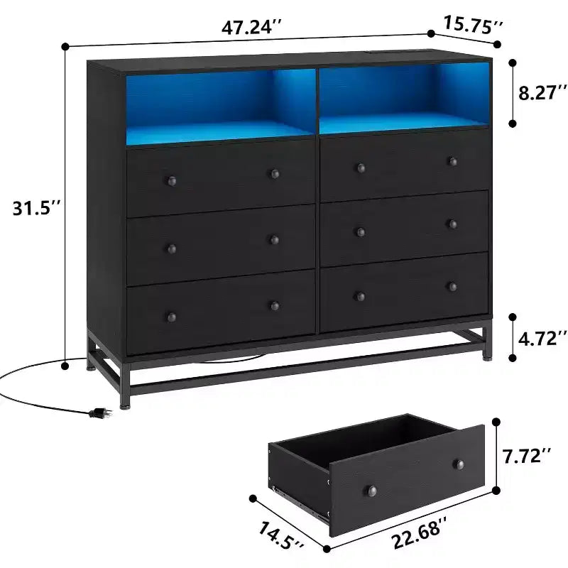 Cassettiera in legno a 6 cassetti con hub USB plug-in e luce LED, cassettiera con struttura in acciaio per soggiorno, camera da letto, ingresso