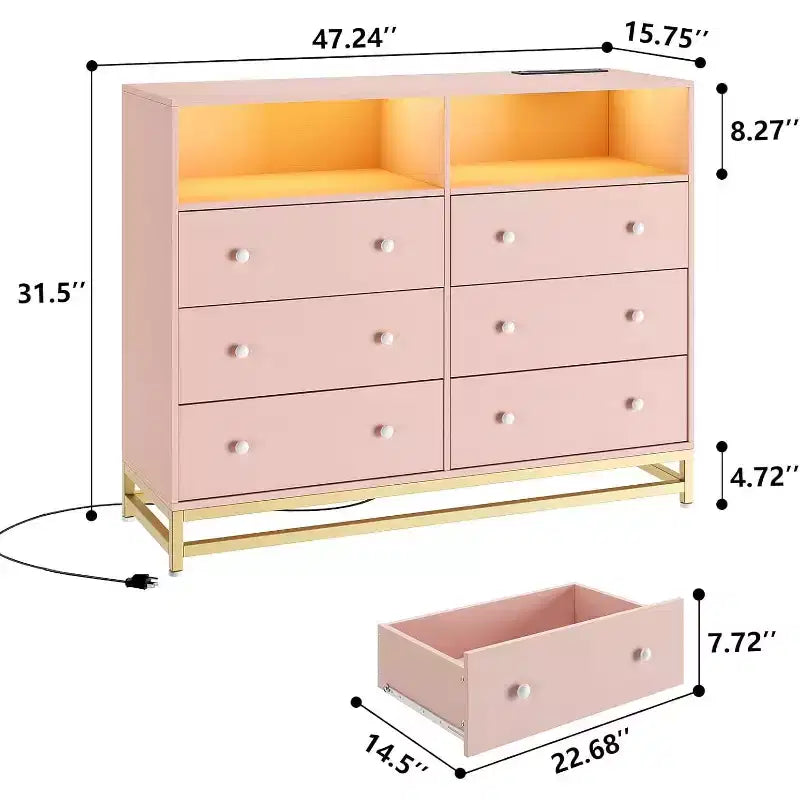 Cassettiera in legno a 6 cassetti con hub USB plug-in e luce LED, cassettiera con struttura in acciaio per soggiorno, camera da letto, ingresso