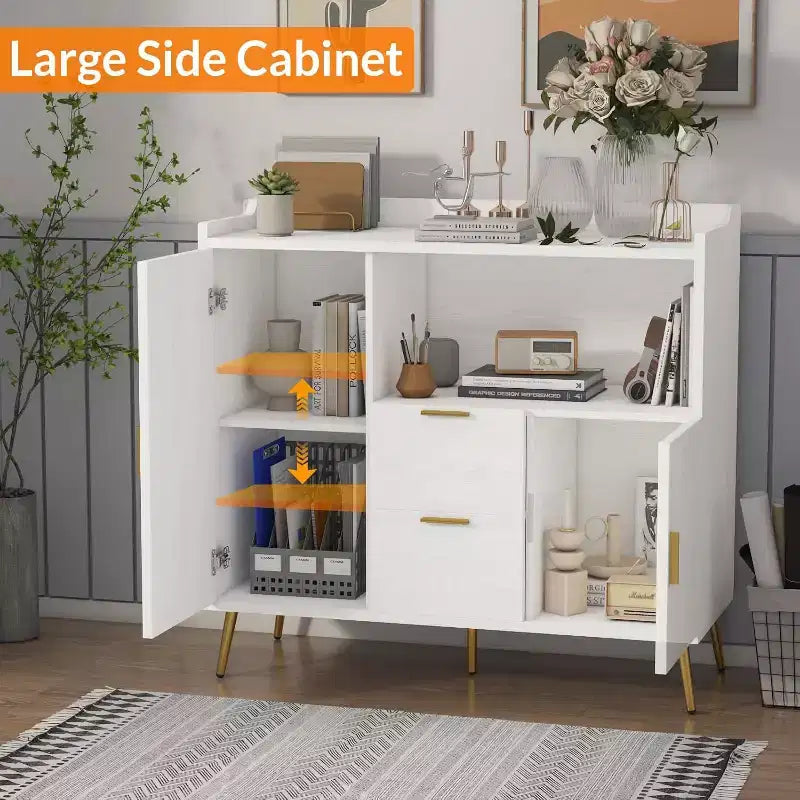 Armadietto contenitore, credenza a buffet con ripiano, mobile bar con 2 cassetti e 2 ante e vano a giorno