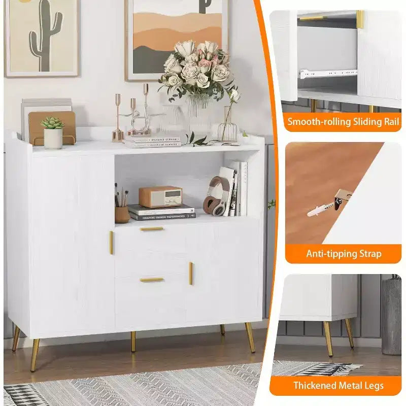 Armadietto contenitore, credenza a buffet con ripiano, mobile bar con 2 cassetti e 2 ante e vano a giorno