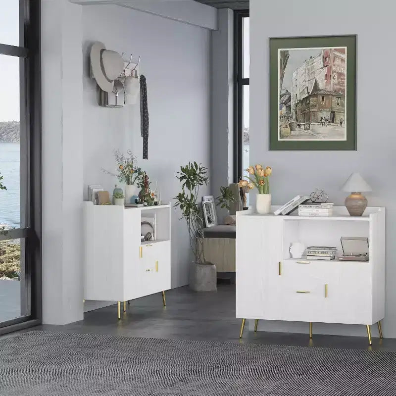 Armadietto contenitore, credenza a buffet con ripiano, mobile bar con 2 cassetti e 2 ante e vano a giorno