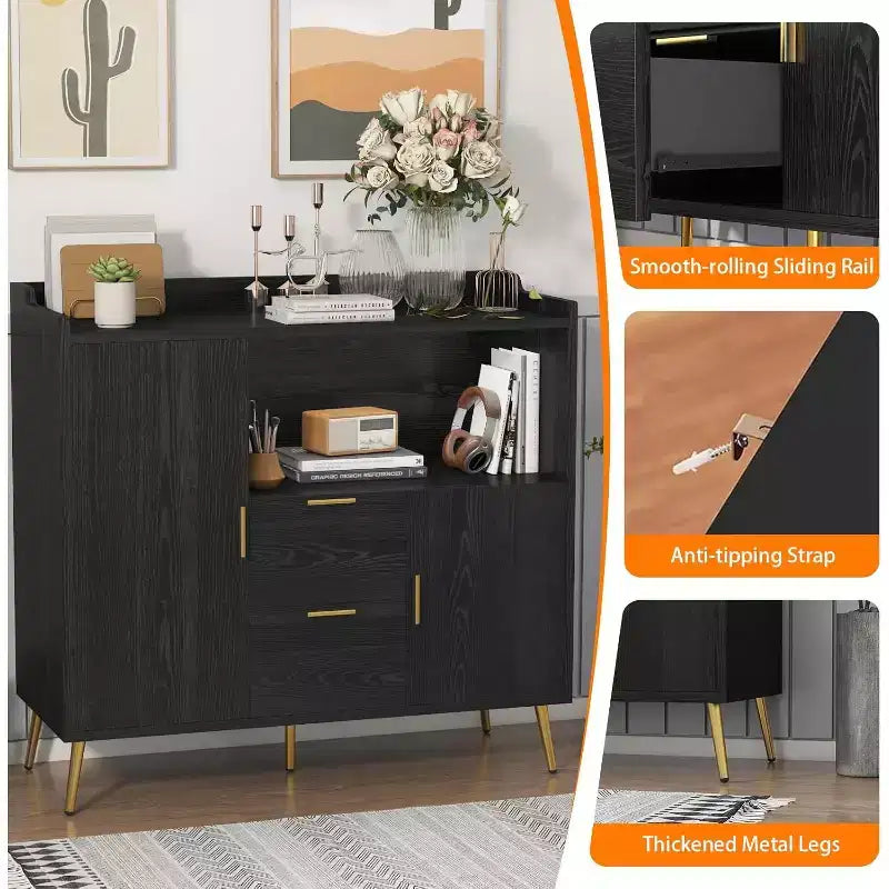 Armadietto contenitore, credenza a buffet con ripiano, mobile bar con 2 cassetti e 2 ante e vano a giorno