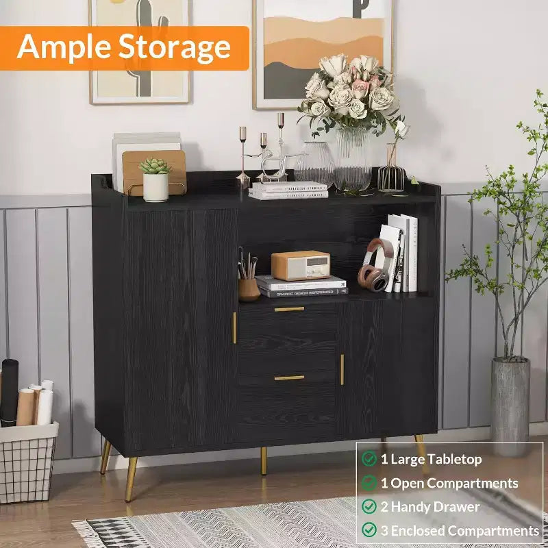 Armadietto contenitore, credenza a buffet con ripiano, mobile bar con 2 cassetti e 2 ante e vano a giorno
