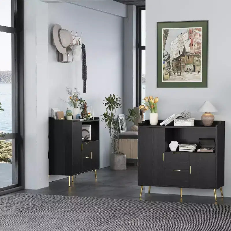 Armadietto contenitore, credenza a buffet con ripiano, mobile bar con 2 cassetti e 2 ante e vano a giorno