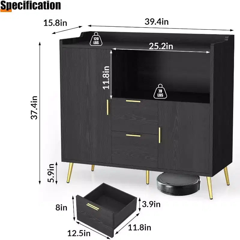 Armadietto contenitore, credenza a buffet con ripiano, mobile bar con 2 cassetti e 2 ante e vano a giorno
