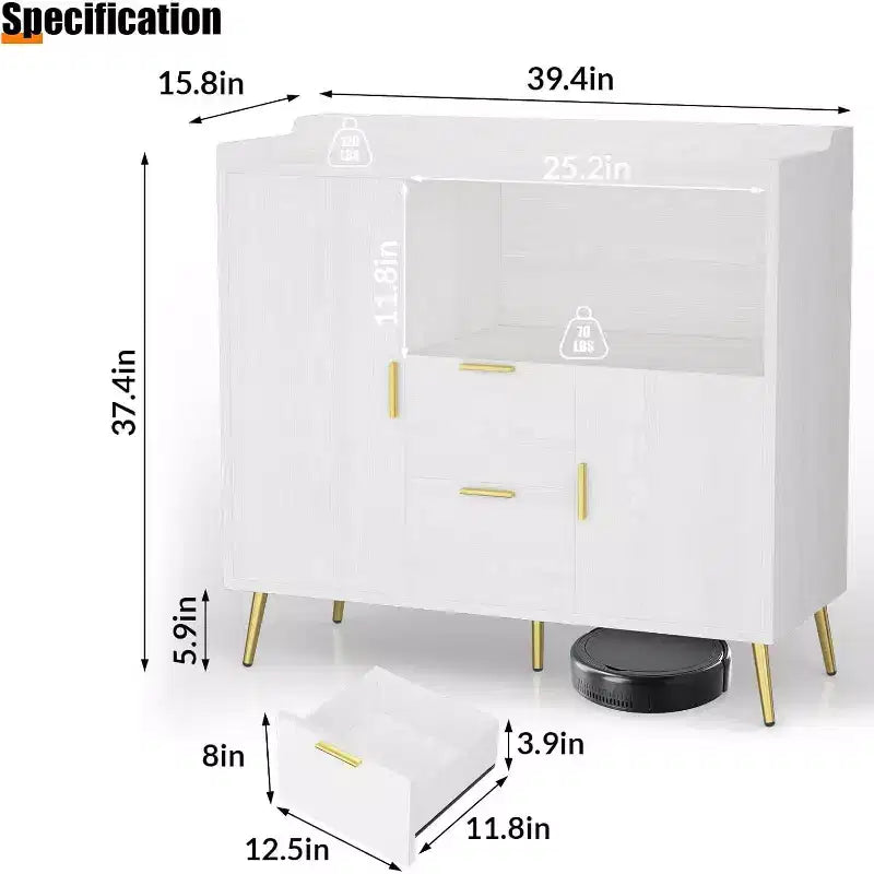 Armadietto contenitore, credenza a buffet con ripiano, mobile bar con 2 cassetti e 2 ante e vano a giorno