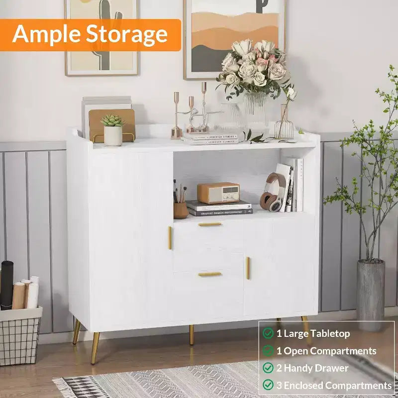Armadietto contenitore, credenza a buffet con ripiano, mobile bar con 2 cassetti e 2 ante e vano a giorno