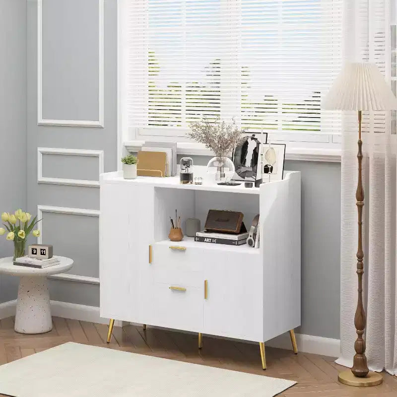 Armadietto contenitore, credenza a buffet con ripiano, mobile bar con 2 cassetti e 2 ante e vano a giorno