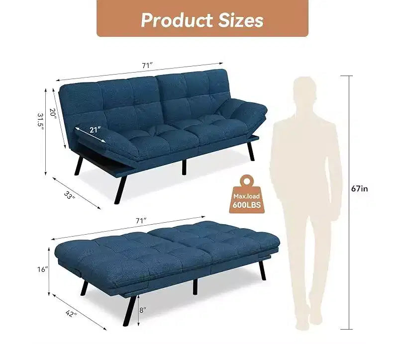 Divano letto futon convertibile Dyonery con schienale regolabile e braccioli rimovibili, divanetto pieghevole per piccoli spazi abitativi