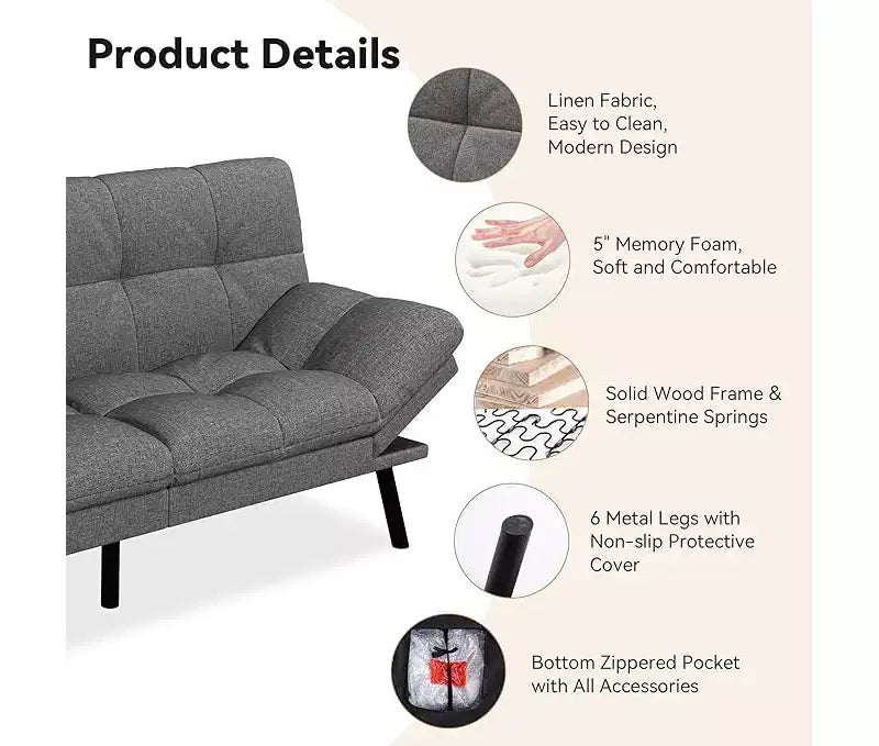 Divano letto futon convertibile Dyonery con schienale regolabile e braccioli rimovibili, divanetto pieghevole per piccoli spazi abitativi