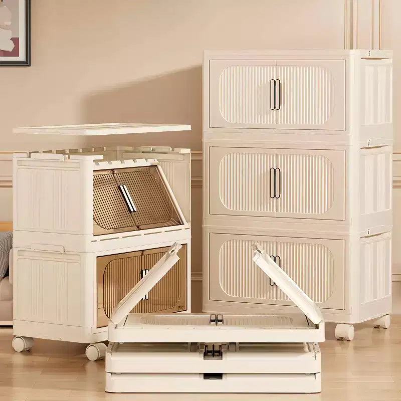 MAYEERTY 19.69 Side 3 Tiers Plastic Folding Stoarge Cabinet with Magnetic Door Wheels Cream White for Living Room