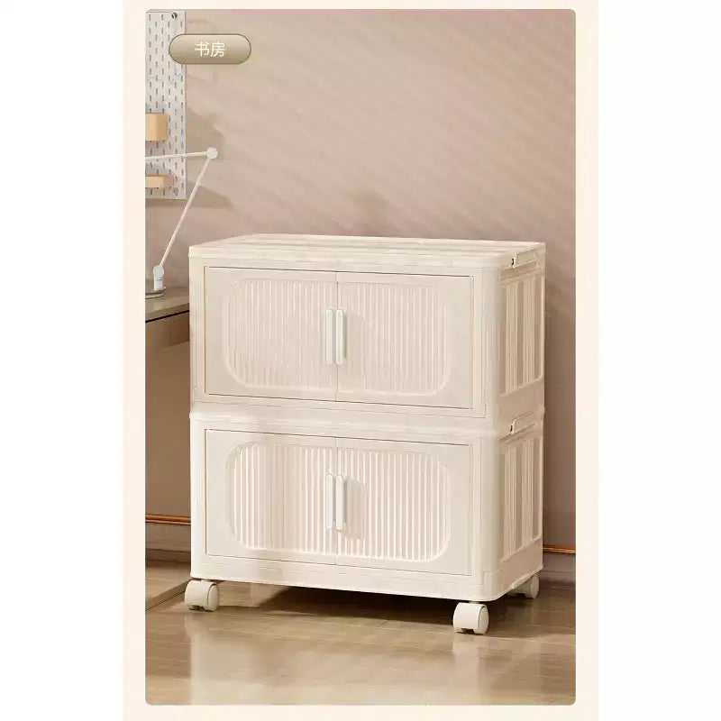 MAYEERTY 19.69 Side 3 Tiers Plastic Folding Stoarge Cabinet with Magnetic Door Wheels Cream White for Living Room
