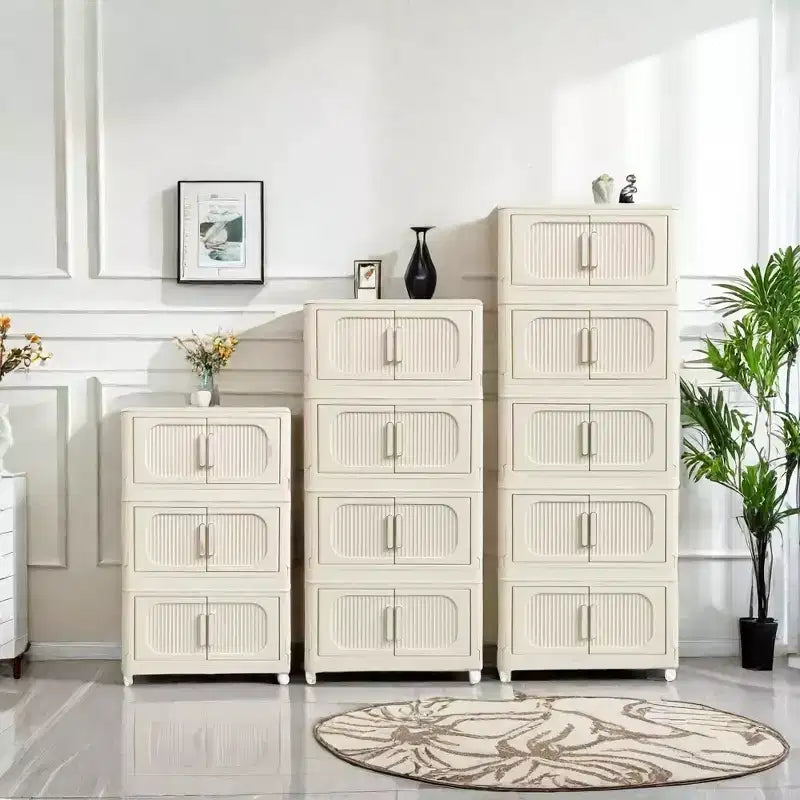 MAYEERTY 19.69 Side 3 Tiers Plastic Folding Stoarge Cabinet with Magnetic Door Wheels Cream White for Living Room