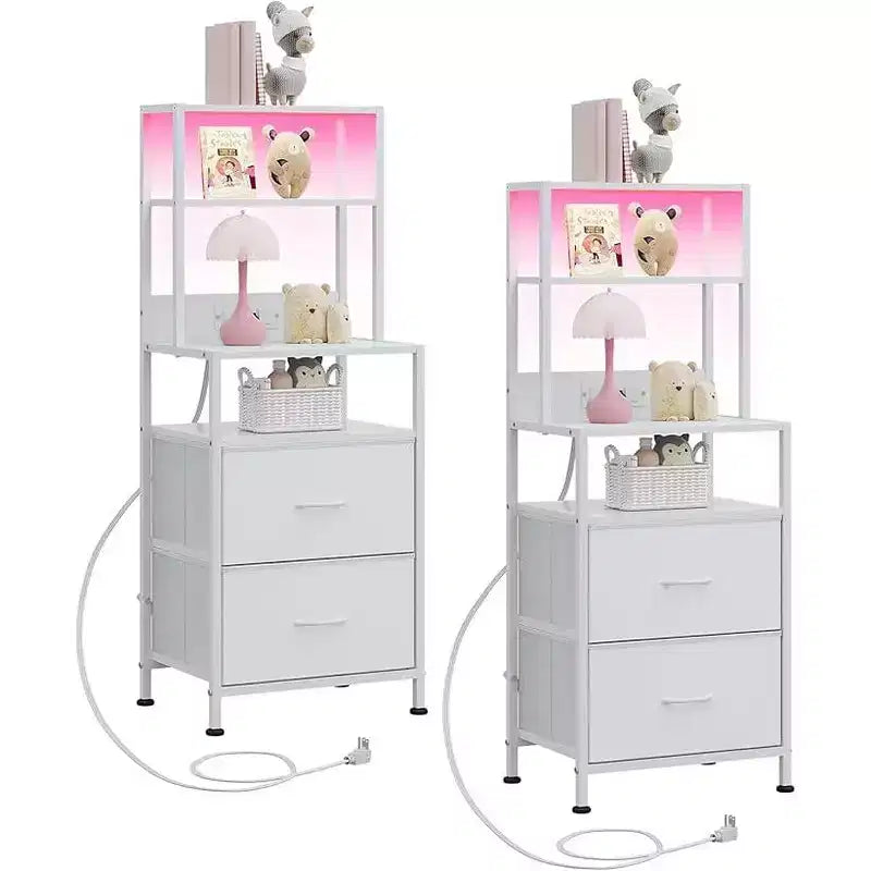 GALAXHERO Nightstand Set of 2 with Charging Station, LED Bedside Table with 2 Drawers Fabric Storage Dresser Modern Night Stand with Bluetooth Lights