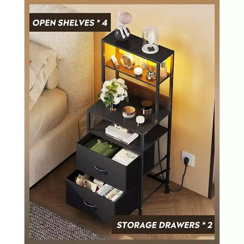 GALAXHERO Nightstand Set of 2 with Charging Station, LED Bedside Table with 2 Drawers Fabric Storage Dresser Modern Night Stand with Bluetooth Lights
