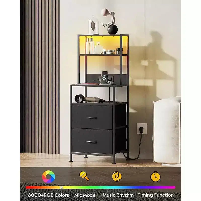 GALAXHERO Nightstand Set of 2 with Charging Station, LED Bedside Table with 2 Drawers Fabric Storage Dresser Modern Night Stand with Bluetooth Lights
