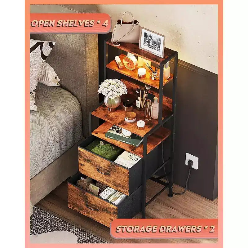 GALAXHERO Nightstand Set of 2 with Charging Station, LED Bedside Table with 2 Drawers Fabric Storage Dresser Modern Night Stand with Bluetooth Lights