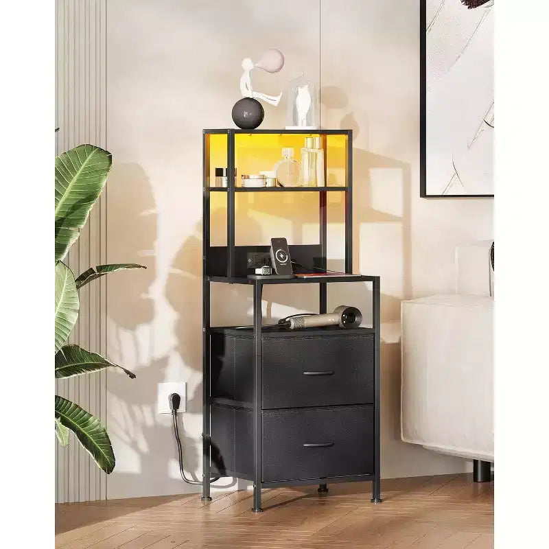 GALAXHERO Nightstand Set of 2 with Charging Station, LED Bedside Table with 2 Drawers Fabric Storage Dresser Modern Night Stand with Bluetooth Lights